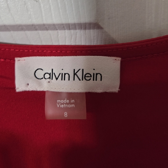 Calvin Klein Red Long Sleeved Dress, Size 8, Ruched At Waist, Faux Wrap, EUC - Picture 6 of 10